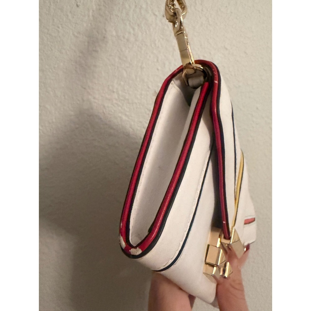 Michael Kors White Leather Stripe Wallet Clutch Gold Chain Wristlet - Picture 3 of 6